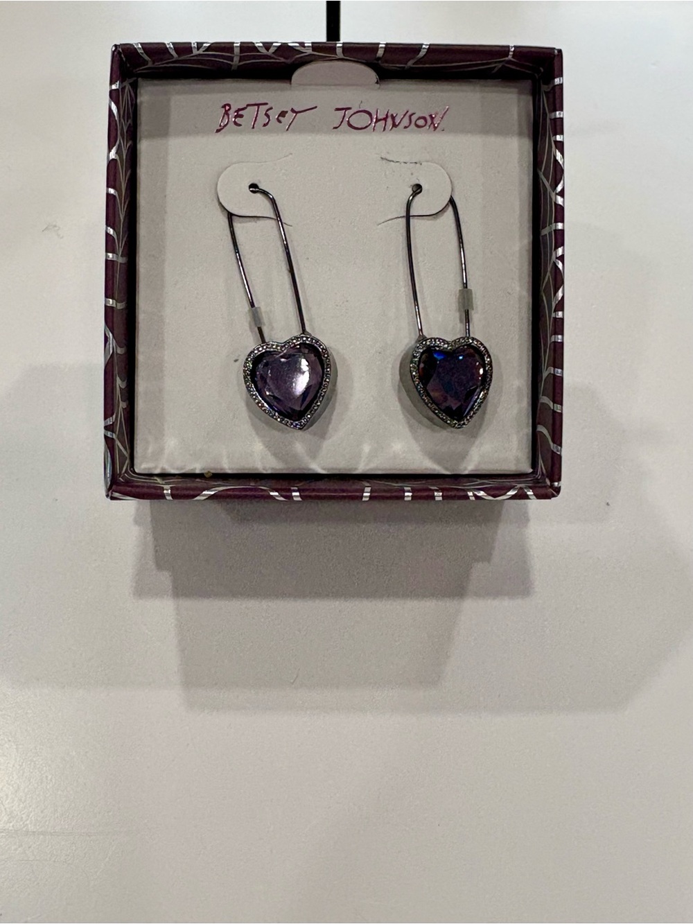 Betsey Johnson Silver Drop Earrings with Purple Heart Stones